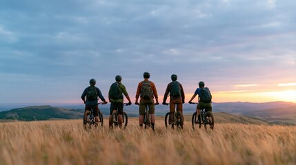 Fototapeta premium Biking group of friends and cyclists on mountain adventure cycling at sunset view
