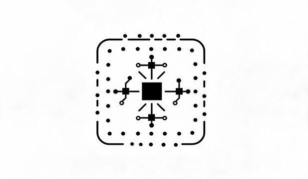 A minimalist graphic illustration of a central processing unit chip with connected circuit components, representing electronic technology and data processing.