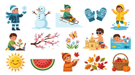 Fototapeta premium Children's Four Seasons Flat Illustration Set. Kids Activities, Nature, Weather, and Lifestyle Education.