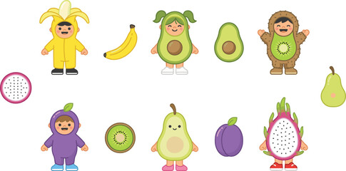 Obraz premium Cute Kids Wearing Fruit Costumes Vector Character Set Featuring Children Dressed As Banana Avocado Kiwi Plum Pear And Dragon Fruit With Matching Icons