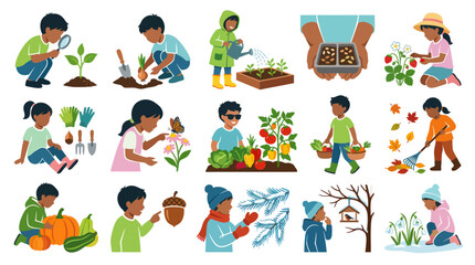 Fototapeta premium Childhood Education, Nature Gardening Flat Vector Illustration: Diverse Kids Seasonal Activities