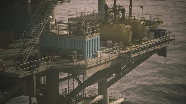 Aging oil rig platform during decommissioning, rusted steel and dismantling scaffolds, salvage equipment and muted palette, industrial melancholy