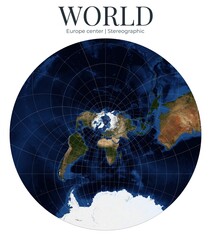 Stereographic projection of the world map centered on Europe. Detailed physical map with continents and coastlines. April View. Elements of this image furnished by NASA. © Eugene Ga