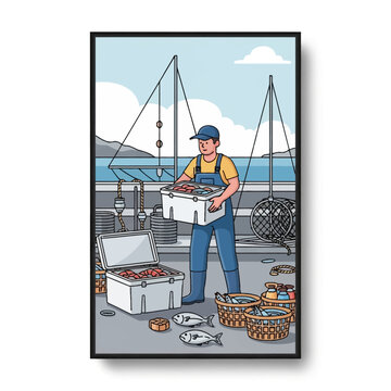 Vector illustration of a local fisherman in blue overalls holding a crate of fresh fish on a harbor dock with sailboats, seafood baskets, and mountains in the background.