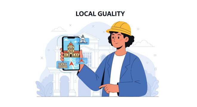 Flat vector illustration of a person in a hard hat holding a phone with an augmented reality map, showing 3D historical building models and navigation icons for local city tours.