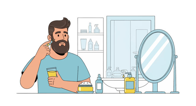 Bearded man in a bathroom performing a morning skincare routine, applying facial serum with an applicator, holding a glass, surrounded by cosmetic bottles and a circular mirror.