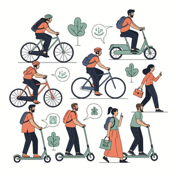 Vector illustration of people commuting via bicycles, electric scooters, and walking. Minimalist flat style characters with backpacks and helmets using eco-friendly urban transport.