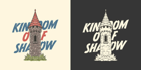 Vintage Medieval Stone Tower with Masonry, Conical Roof, Architectural. Engraved Ancient Castle Tower Hand Drawn Retro Design Vector Illustration © Jovi MIng