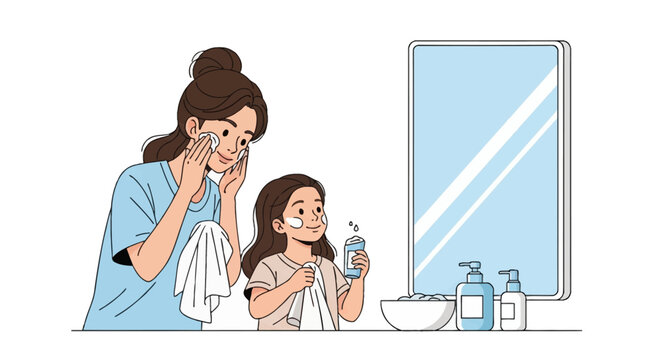 Vector illustration of a mother and daughter performing a skincare routine, applying facial cream and using cotton pads while standing before a bathroom mirror on white background.