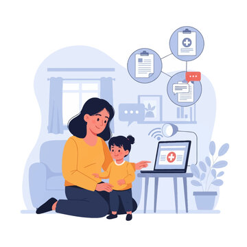 Vector illustration of a mother and young child using a laptop for telehealth consultation, featuring digital medical records, chat bubbles, and healthcare icons in a home setting.