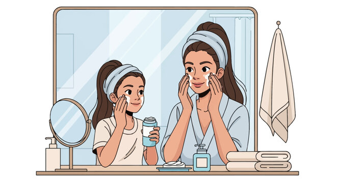 Vector illustration of a mother and daughter applying facial cream in a bathroom mirror. Features headbands, bathrobe, towels, and skin care products on a vanity. Flat art style.