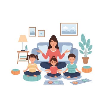 Flat vector illustration of a mother and three children practicing mindfulness and meditation in a living room setting, sitting cross-legged on cushions with hands in mudra gesture.