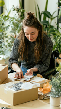Woman smiles while packing packages with care