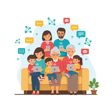 Multigenerational family vector illustration showing grandparents, parents, and children sitting on a couch together using tablets and smartphones with floating digital connectivity icons.