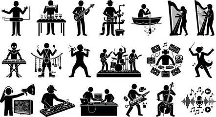 Obraz premium Set of stick figure musicians playing various musical instruments and electronic equipment