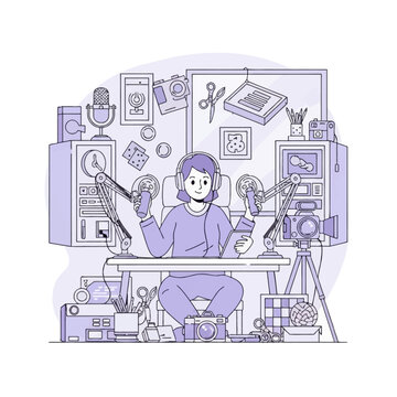 Monochromatic vector illustration of a female creator at a desk with cameras, microphones, and tools for podcasting, vlogging, and digital media production in a home studio workspace.