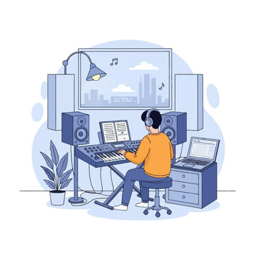 Vector illustration of male music producer wearing headphones playing digital synthesizer in studio with studio monitors, laptop, sheet music, city view window and acoustic panels.