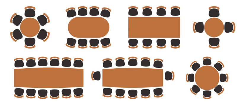 Set of top view conference table and chairs layouts for office interior design planning featuring wooden textures and various seating arrangements for meetings.