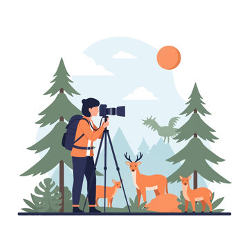 Nature photographer with backpack and camera on a tripod taking pictures of deer in a pine forest with mountains, clouds, and a flying bird, minimalist flat vector illustration.