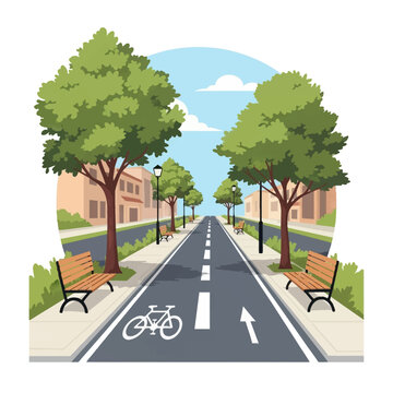 Vector illustration of modern urban street with dedicated bike lanes, white icons, pedestrian sidewalks, wooden park benches, green trees, and city buildings on a clear day.