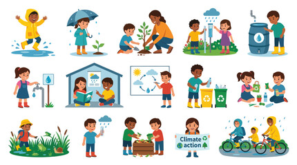 Fototapeta premium Children Illustrating Climate Action: Planting, Recycling, Rain, Biking