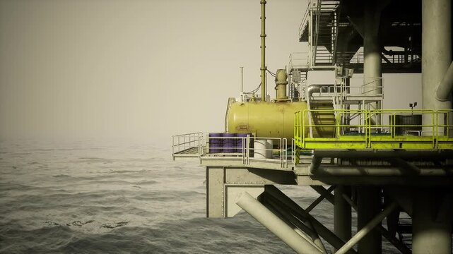 Offshore oil rig support beams above sea, detailed view of legs and braces, emphasis on stability and heavy steel joints, overcast light and textured water