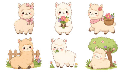 Obraz premium Cute Alpaca Collection: A charming set of six illustrations featuring adorable alpacas in various whimsical poses, adorned with flowers and bows, evoking a sense of joy and playfulness.