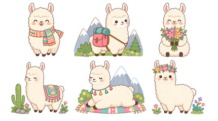 Fototapeta premium Cute Llama Collection: A whimsical compilation of adorable llamas illustrated in various delightful scenarios, from scenic mountain landscapes to charming floral settings.
