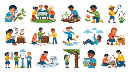 Fototapeta premium Kids Exploring Nature Activities, Science Education, Flat Vector Art
