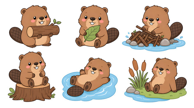 Cute Beaver Illustrations: A charming set of six cartoon beaver illustrations, each depicting the industrious animal engaged in various activities such as gathering wood, building a dam.