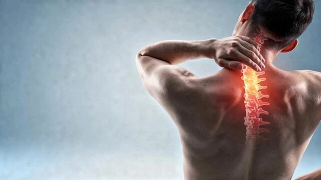 Man Experiencing Severe Neck and Upper Back Pain with Spine Highlighted