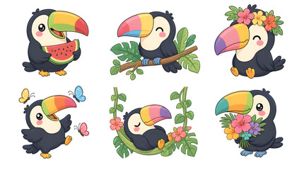 Obraz premium Cute Toucan Collection: A vibrant collection of six adorable cartoon toucans showcasing various activities, from eating watermelon to lounging in a hammock, each with its iconic colorful beak.