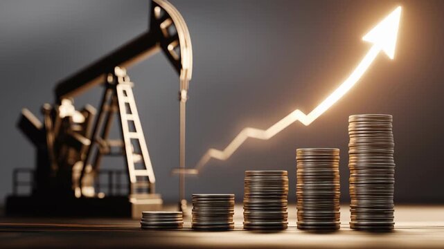 Oil pump jack with rising arrow and stacked coins illustrating increasing crude oil prices, energy markets, investment growth, commodity trading, inflation, and global economic trends.