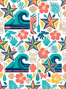 Vibrant tropical seamless pattern with tiki masks waves and flowers