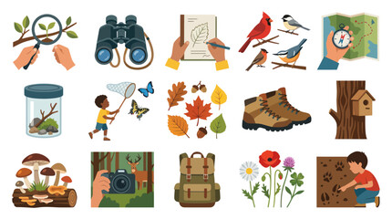 Obraz premium Flat Vector Illustration Set of Nature Exploration, Outdoor Adventure Gear, Wild Animal Tracking, and Learning Icons