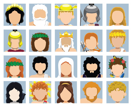 Greek Gods Avatar Face Cartoon Vector Collection