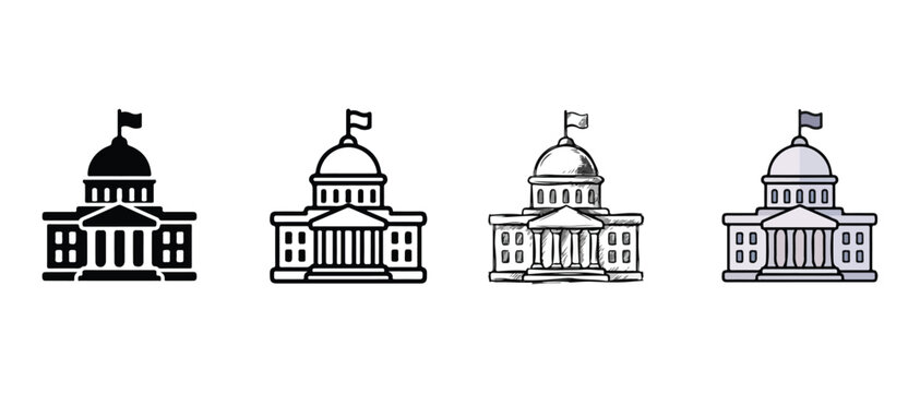 government building icons in different styles and colors  illustration set