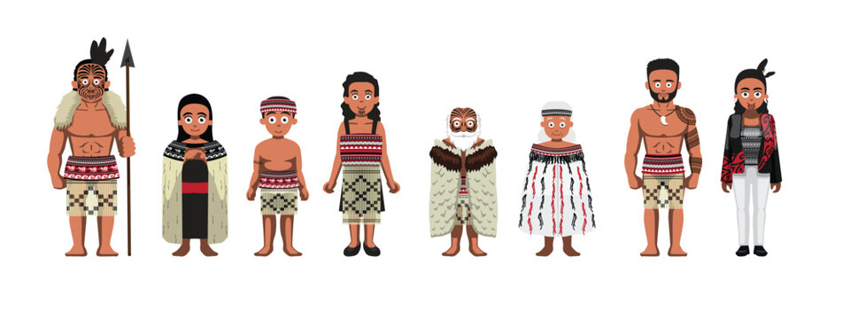 Maori Polynesian indigenous Tribal Family Cartoon Vector Illustration