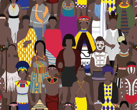 Indigenous African People Standing Front Seamless Pattern Background