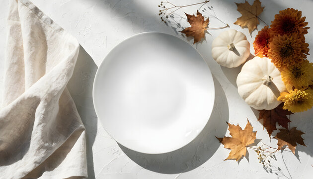 Autumnal table setting with white plate, pumpkins, flowers, and leaves on a white surface