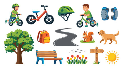Fototapeta premium Children's Outdoor Activities Set: Cycling, Nature, and Recreation