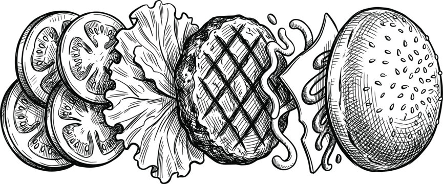 Deconstructed flying burger sketch vector with exploded ingredients bun grilled beef patty cheese lettuce and tomato slices