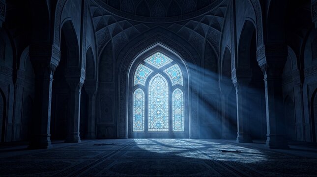 Islamic architecture interior with light rays. Ornate mosque window with sunbeams.