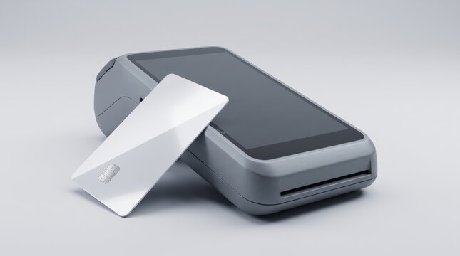 A modern wireless payment terminal with a blank white credit card on a clean gray background.