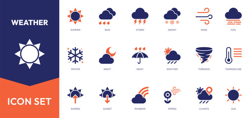 Obraz premium Set of weather solid icon. Temperature, sun, rain, snow, cloud, and more.