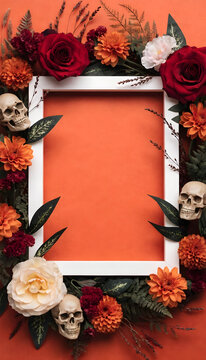 Vibrant floral arrangement with skulls around a white frame on orange background for day of the dead or halloween