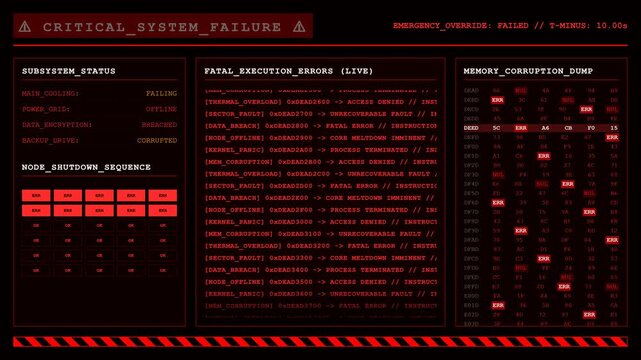 Sci Fi HUD Screen With Critical System Failure And Emergency Override Failed Animation.