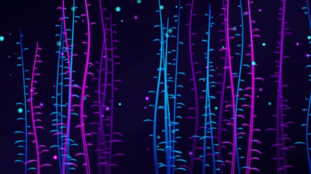 Bioluminescent liquid neon kelp forest sways gently underwater at night