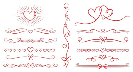 A collection of delicate red vine illustrations and floral design elements isolated on a white background, suitable for wedding invitations, greeting cards, and nature-themed branding. © sejar
