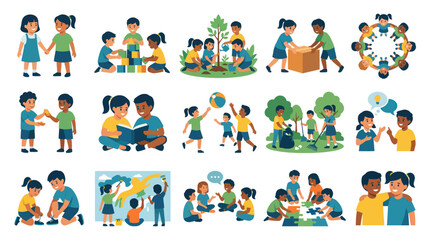 Fototapeta premium Diverse Children Activities Flat Illustration Set: Kids Learning, Playing, Helping Collaborating in Education